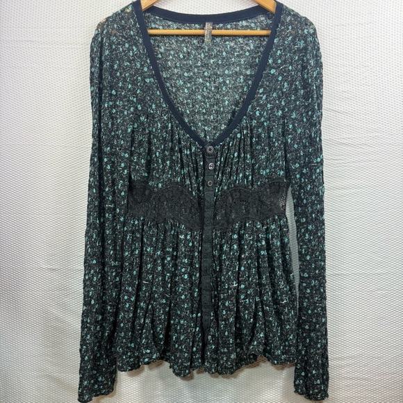 Free People Floral Lace Inset Empire Waist Button Front Top Size Small - Picture 1 of 7